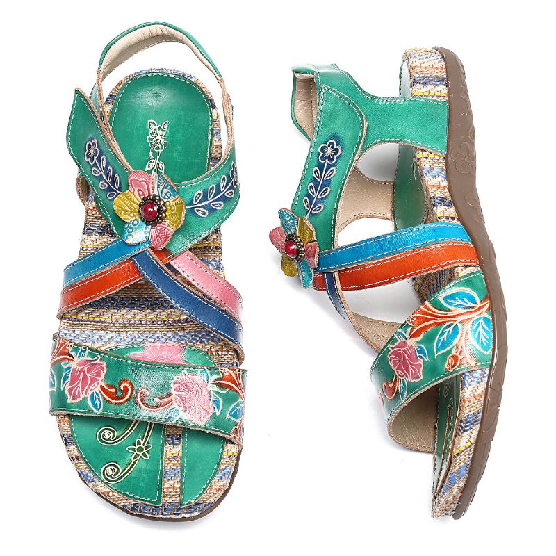 Sandalias Planas De Verano Con Lazo De Gancho De Patrón Retro De Flores Hechas A Mano De Cuero Genuino Para Mujer