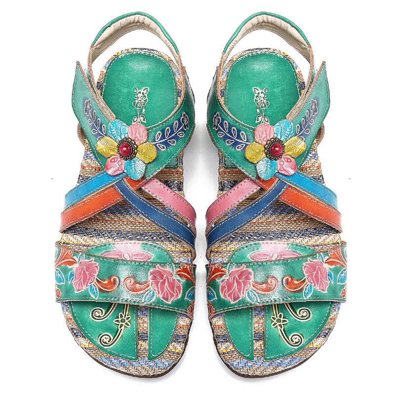 Sandalias Planas De Verano Con Lazo De Gancho De Patrón Retro De Flores Hechas A Mano De Cuero Genuino Para Mujer