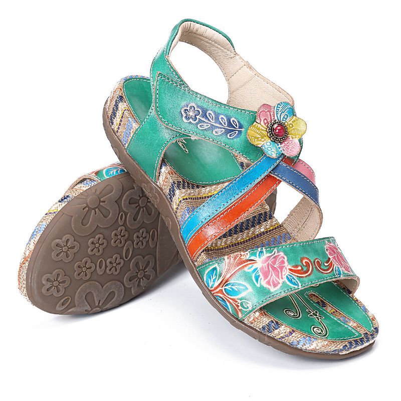 Sandalias Planas De Verano Con Lazo De Gancho De Patrón Retro De Flores Hechas A Mano De Cuero Genuino Para Mujer