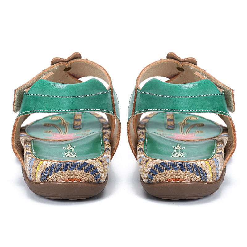 Sandalias Planas De Verano Con Lazo De Gancho De Patrón Retro De Flores Hechas A Mano De Cuero Genuino Para Mujer