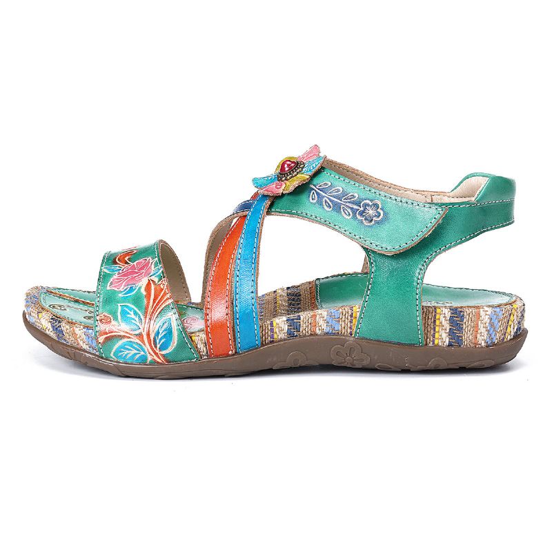 Sandalias Planas De Verano Con Lazo De Gancho De Patrón Retro De Flores Hechas A Mano De Cuero Genuino Para Mujer