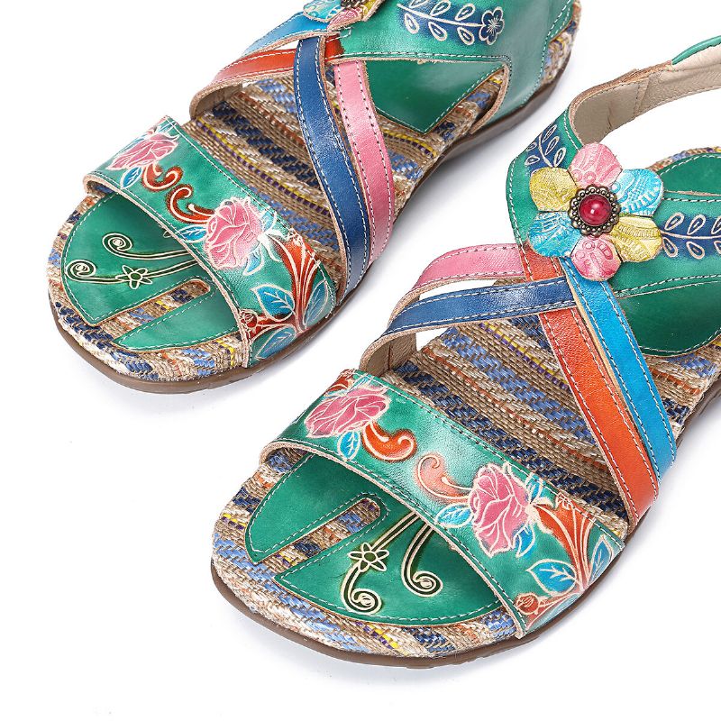 Sandalias Planas De Verano Con Lazo De Gancho De Patrón Retro De Flores Hechas A Mano De Cuero Genuino Para Mujer