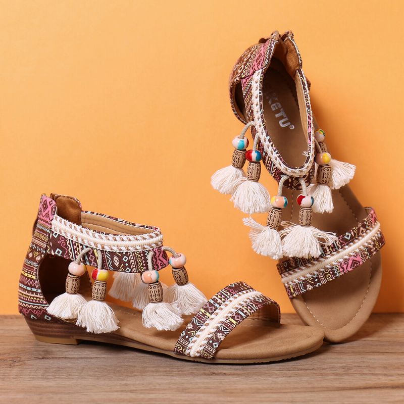 Sandalias Planas De Verano Con Punta Abierta Y Patrón De Estilo Popular Bohemio Para Mujer