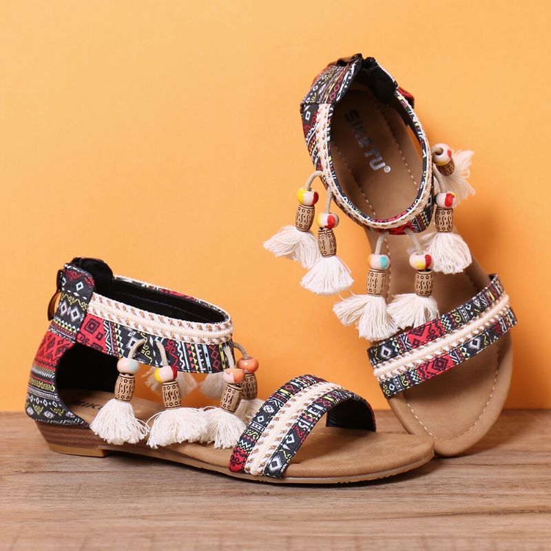 Sandalias Planas De Verano Con Punta Abierta Y Patrón De Estilo Popular Bohemio Para Mujer