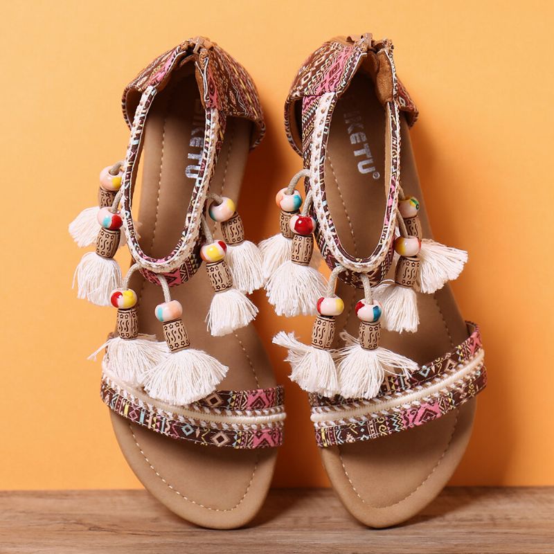 Sandalias Planas De Verano Con Punta Abierta Y Patrón De Estilo Popular Bohemio Para Mujer