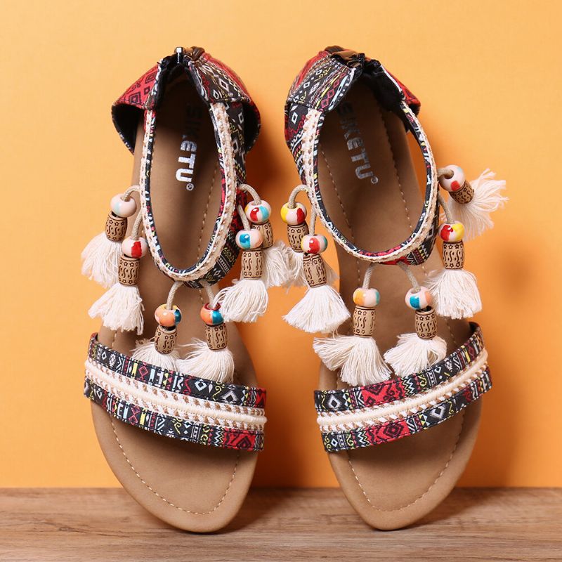 Sandalias Planas De Verano Con Punta Abierta Y Patrón De Estilo Popular Bohemio Para Mujer