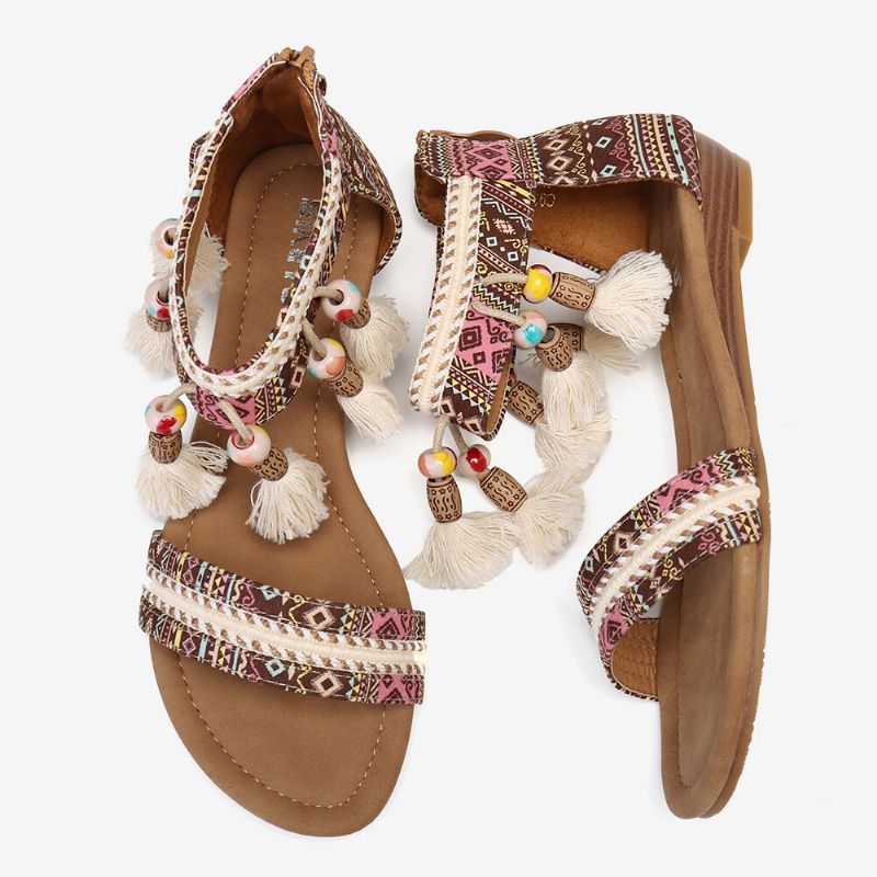 Sandalias Planas De Verano Con Punta Abierta Y Patrón De Estilo Popular Bohemio Para Mujer