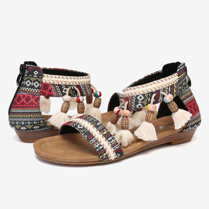 Sandalias Planas De Verano Con Punta Abierta Y Patrón De Estilo Popular Bohemio Para Mujer