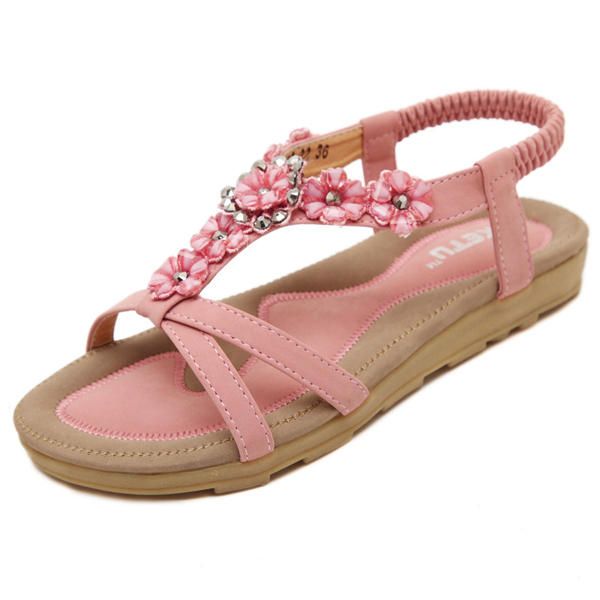 Sandalias Planas De Verano Para Mujer Flor Bohemia Casual Zapatos De Cuero Cómodos Al Aire Libre