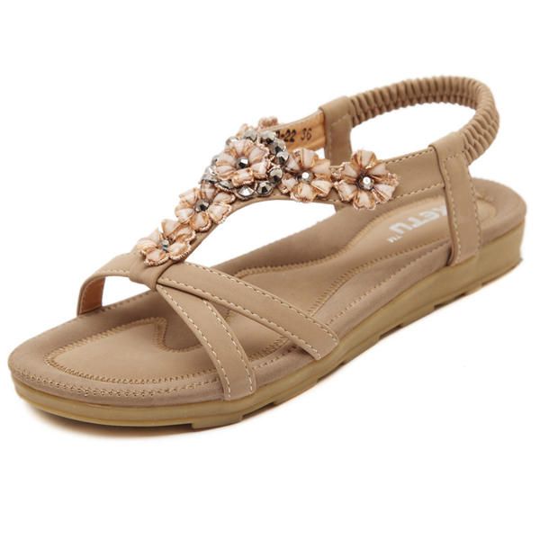 Sandalias Planas De Verano Para Mujer Flor Bohemia Casual Zapatos De Cuero Cómodos Al Aire Libre