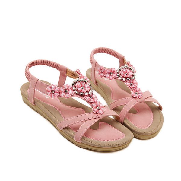 Sandalias Planas De Verano Para Mujer Flor Bohemia Casual Zapatos De Cuero Cómodos Al Aire Libre