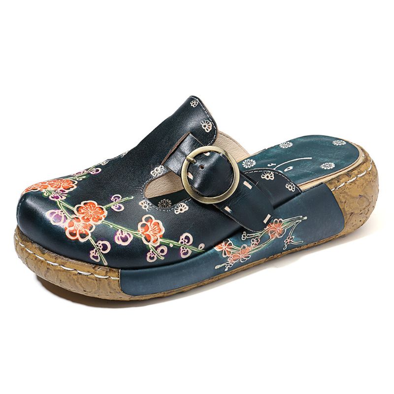 Sandalias De Plataforma Con Hebilla De Flores Hechas A Mano De Cuero Retro