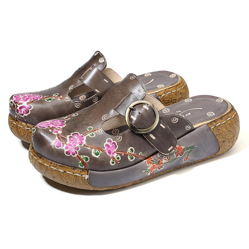 Sandalias De Plataforma Con Hebilla De Flores Hechas A Mano De Cuero Retro