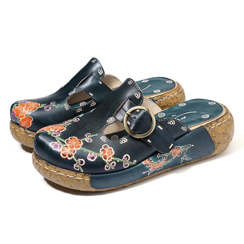 Sandalias De Plataforma Con Hebilla De Flores Hechas A Mano De Cuero Retro