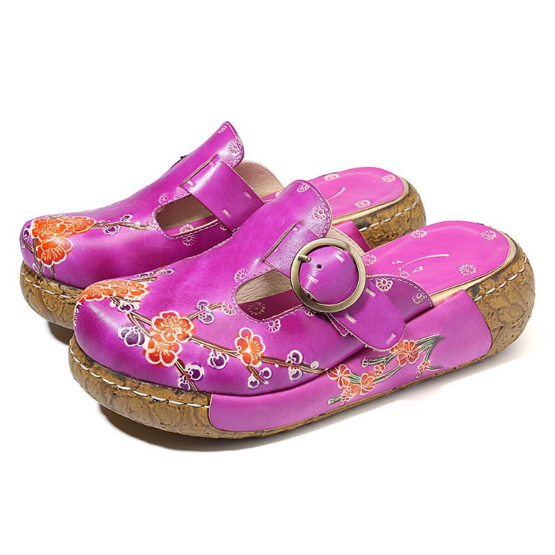 Sandalias De Plataforma Con Hebilla De Flores Hechas A Mano De Cuero Retro