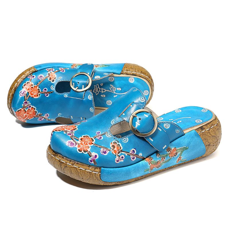 Sandalias De Plataforma Con Hebilla De Flores Hechas A Mano De Cuero Retro