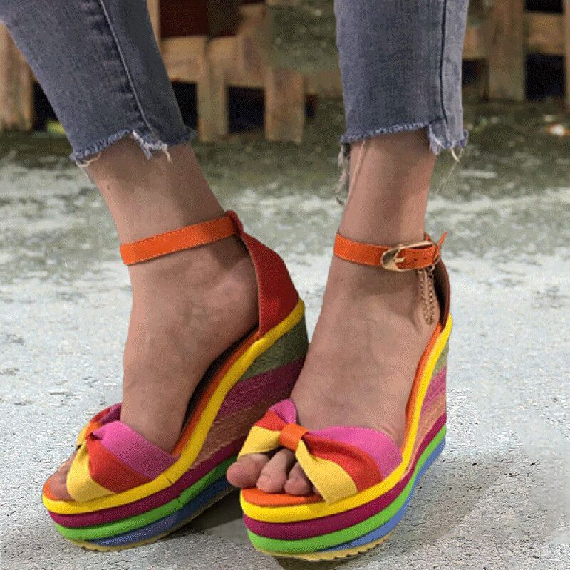 Sandalias De Plataforma Con Hebilla De Nudo Y Correa De Tobillo De Colores Arcoíris Para Mujer