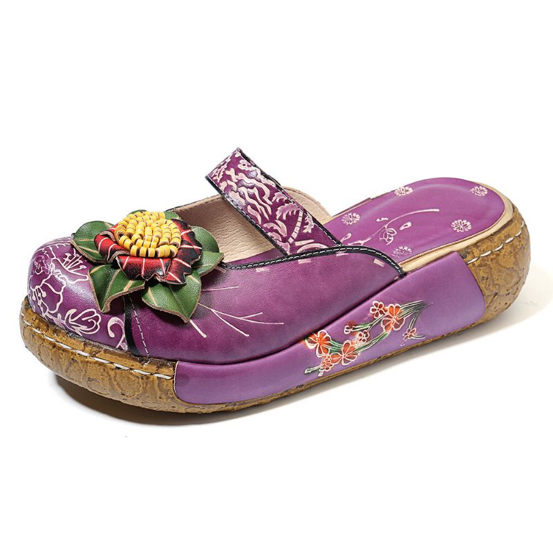 Sandalias De Plataforma Huecas Florales De Cuero Genuino Hechas A Mano Para Mujer