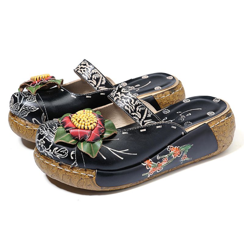 Sandalias De Plataforma Huecas Florales De Cuero Genuino Hechas A Mano Para Mujer