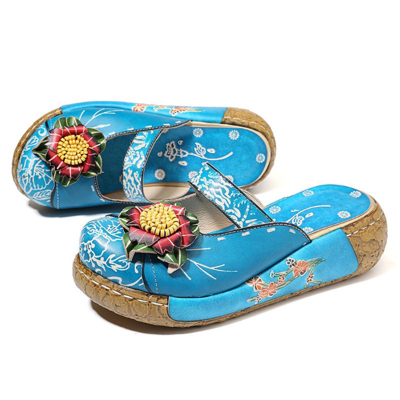 Sandalias De Plataforma Huecas Florales De Cuero Genuino Hechas A Mano Para Mujer