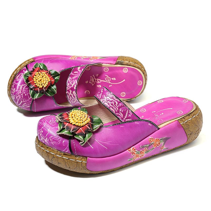 Sandalias De Plataforma Huecas Florales De Cuero Genuino Hechas A Mano Para Mujer