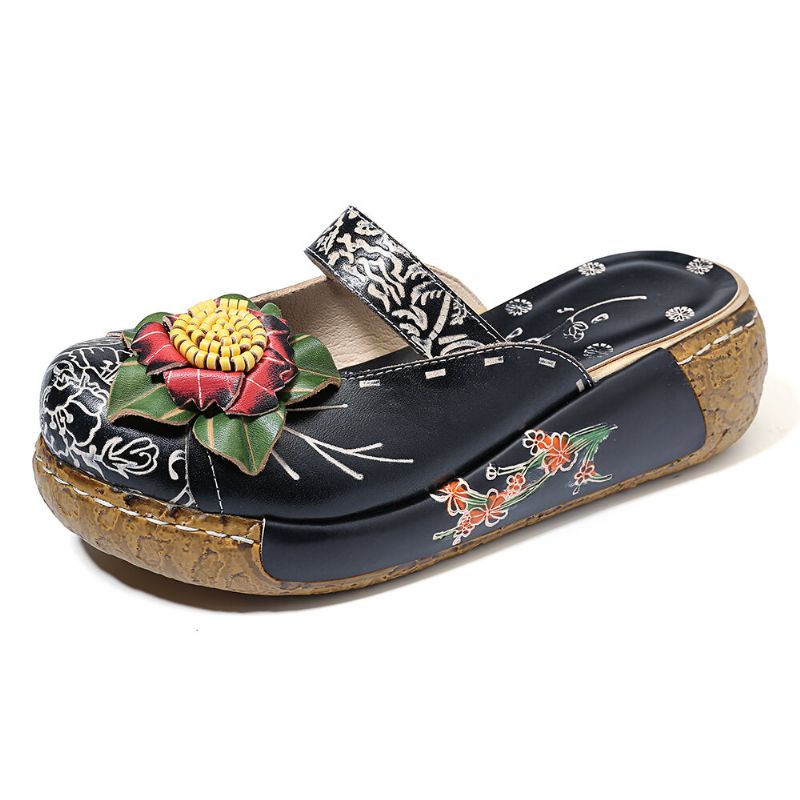 Sandalias De Plataforma Huecas Florales De Cuero Genuino Hechas A Mano Para Mujer