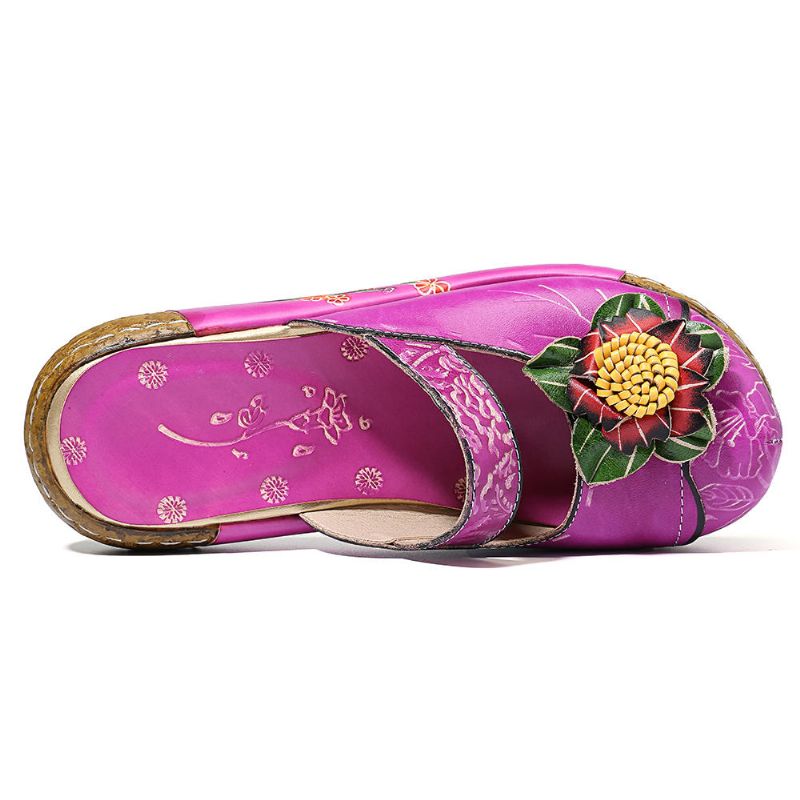 Sandalias De Plataforma Huecas Florales De Cuero Genuino Hechas A Mano Para Mujer