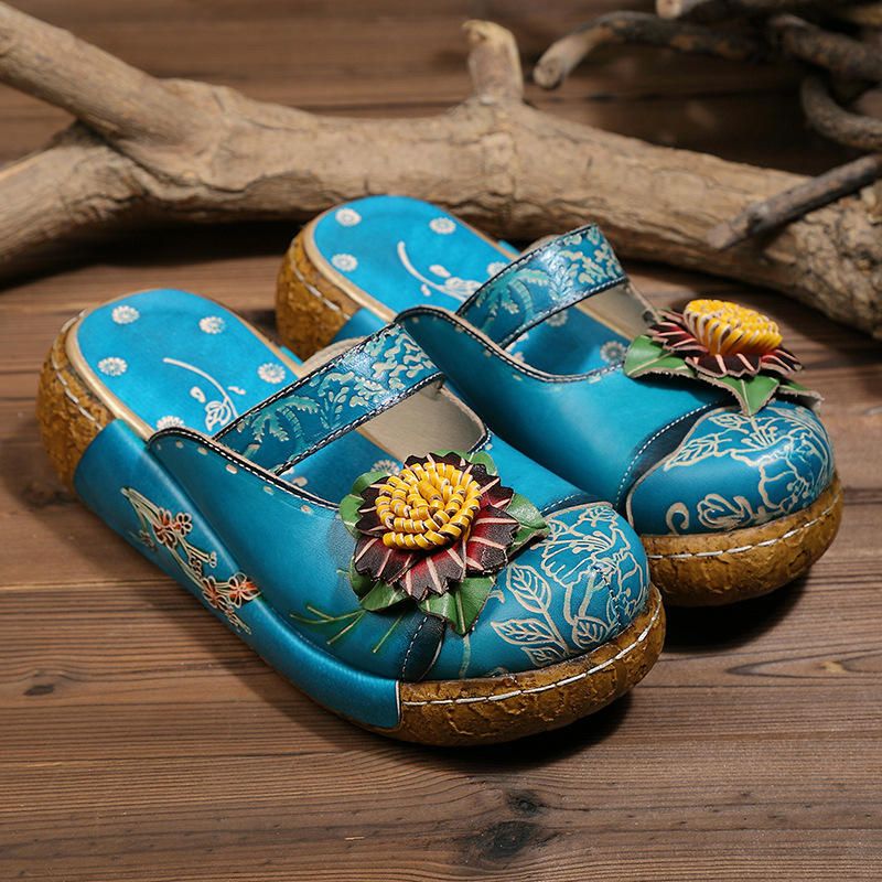 Sandalias De Plataforma Huecas Florales De Cuero Genuino Hechas A Mano Para Mujer