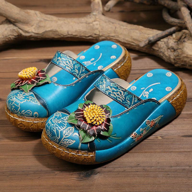 Sandalias De Plataforma Huecas Florales De Cuero Genuino Hechas A Mano Para Mujer