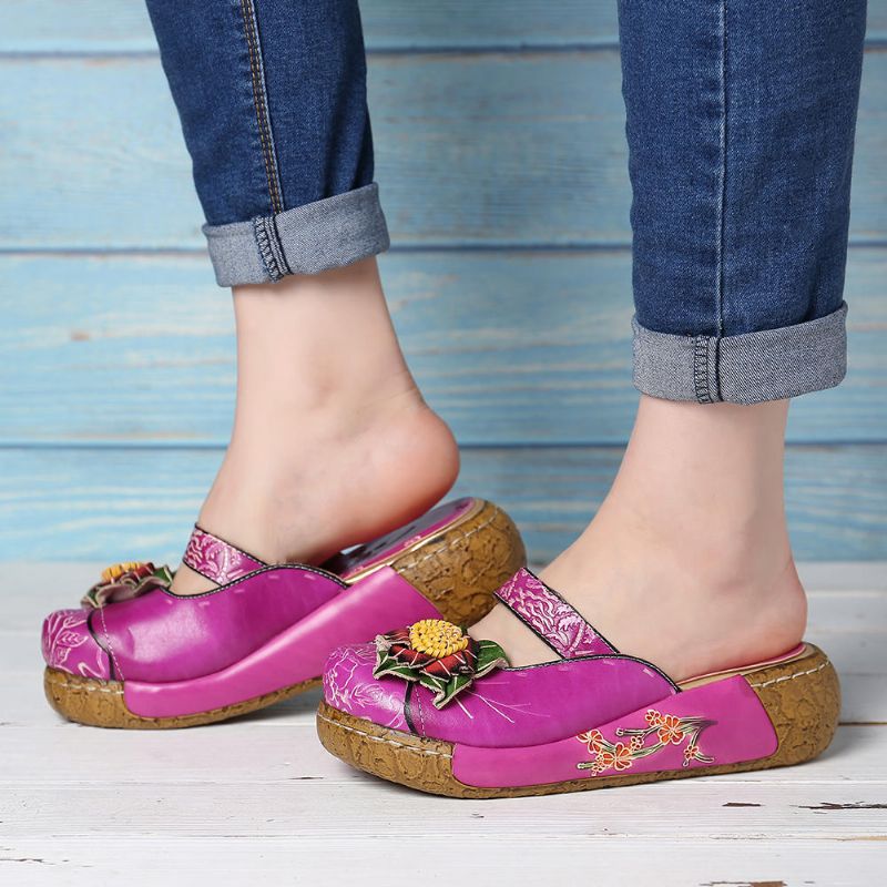 Sandalias De Plataforma Huecas Florales De Cuero Genuino Hechas A Mano Para Mujer