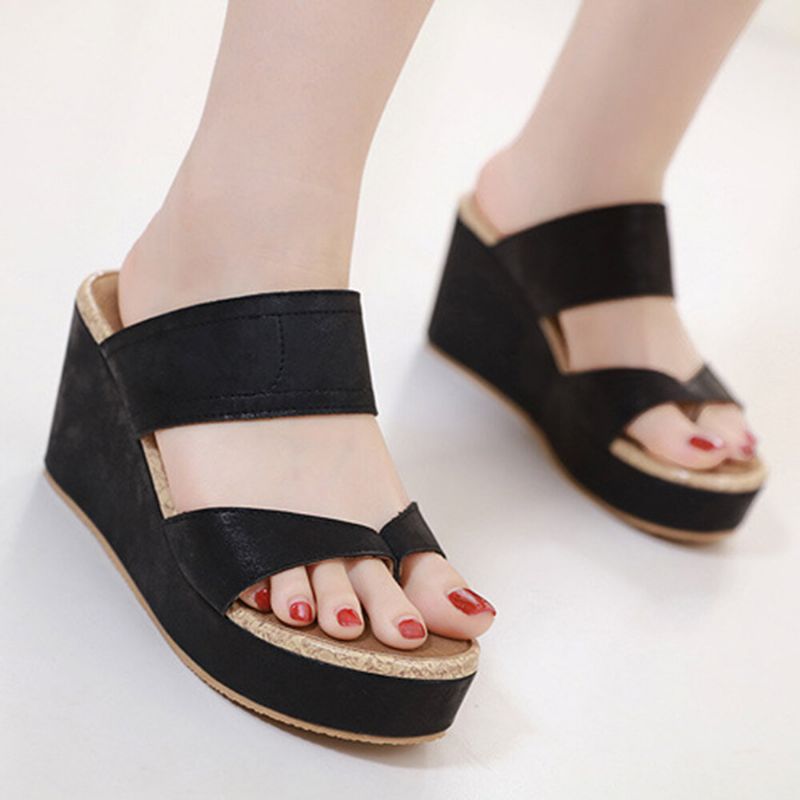 Sandalias De Plataforma De Verano Cómodas Con Costura De Talla Grande De Color Liso Con Punta De Clip Para Mujer