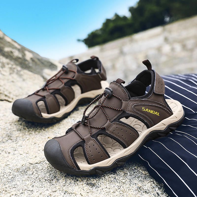 Sandalias De Playa Al Aire Libre Con Suelas Suaves Y Transpirables De Cuero Genuino Para Hombres