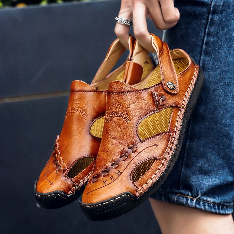 Sandalias De Playa Con Agujeros De Cuero Genuino Para Hombre