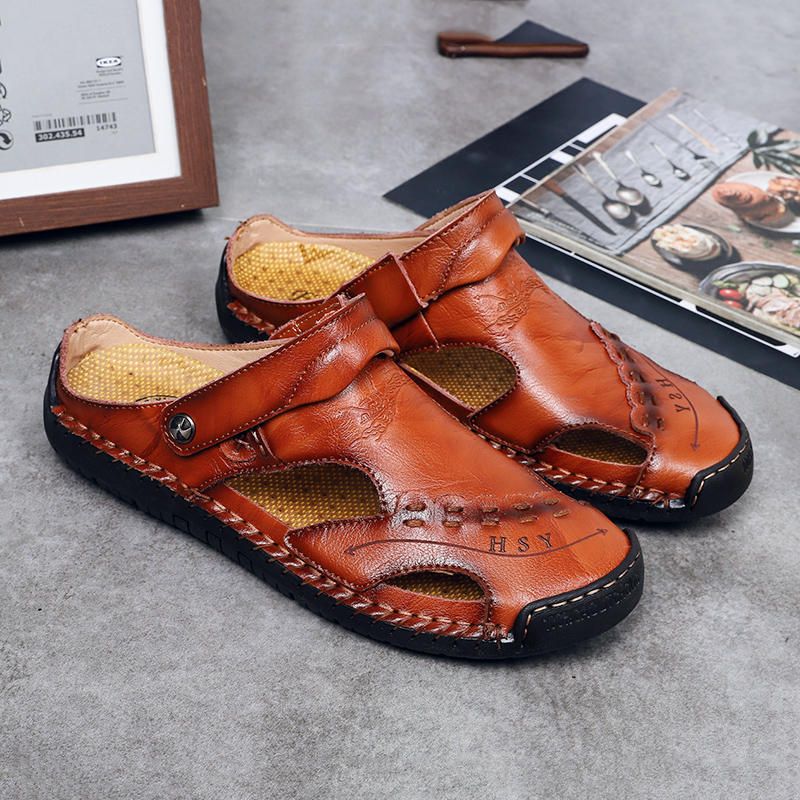 Sandalias De Playa Con Agujeros De Cuero Genuino Para Hombre