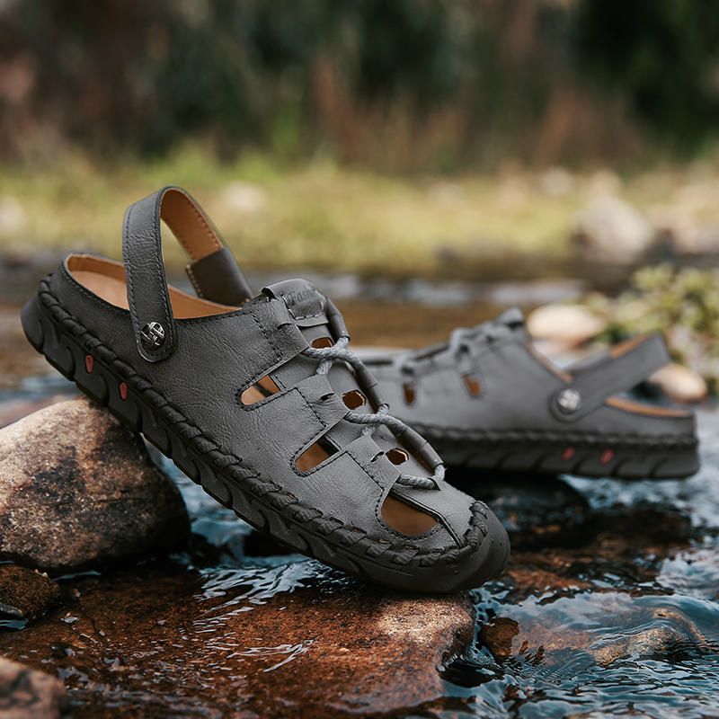 Sandalias De Playa De Cuero Genuino Con Costura A Mano Para Hombre