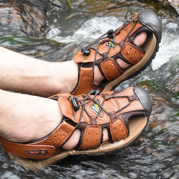 Sandalias De Playa De Cuero Genuino Zapatos Planos De Punta Redonda Al Aire Libre