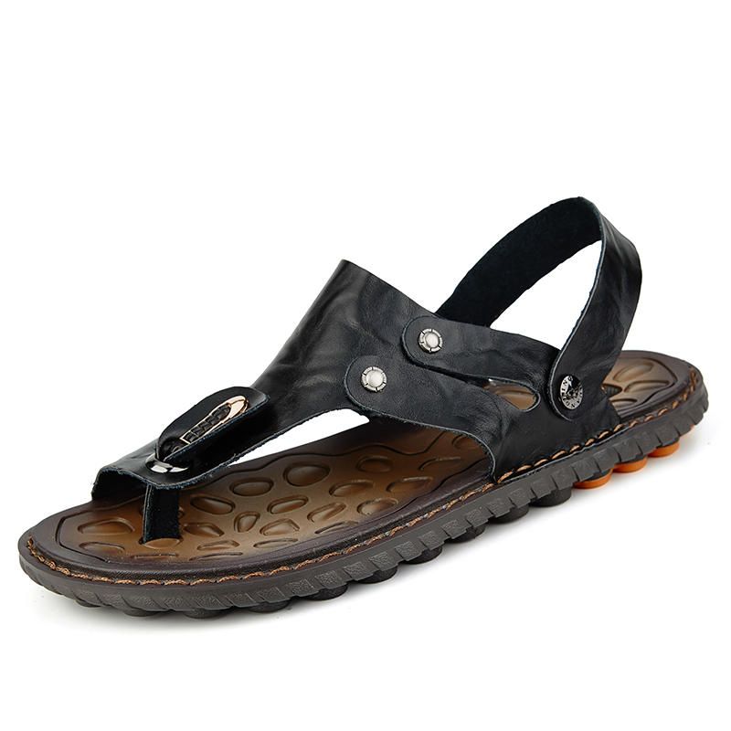 Sandalias De Playa Informales De Cuero Genuino Con Punta De Clip Para Hombre