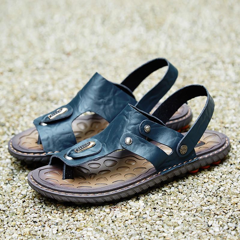 Sandalias De Playa Informales De Cuero Genuino Con Punta De Clip Para Hombre