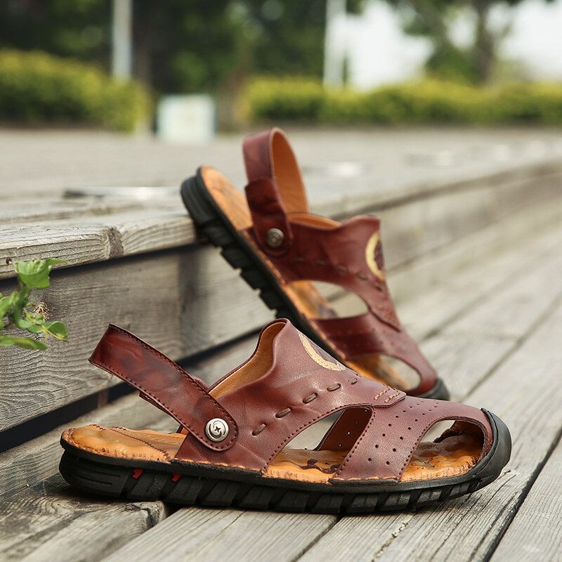 Sandalias De Playa De Suela Suave Transpirable De Cuero Genuino Para Hombre