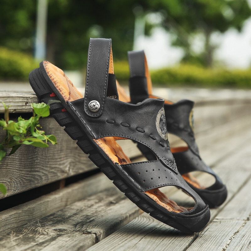 Sandalias De Playa De Suela Suave Transpirable De Cuero Genuino Para Hombre