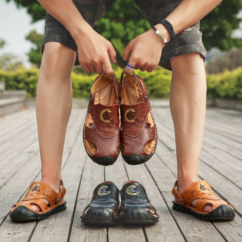 Sandalias De Playa De Suela Suave Transpirable De Cuero Genuino Para Hombre