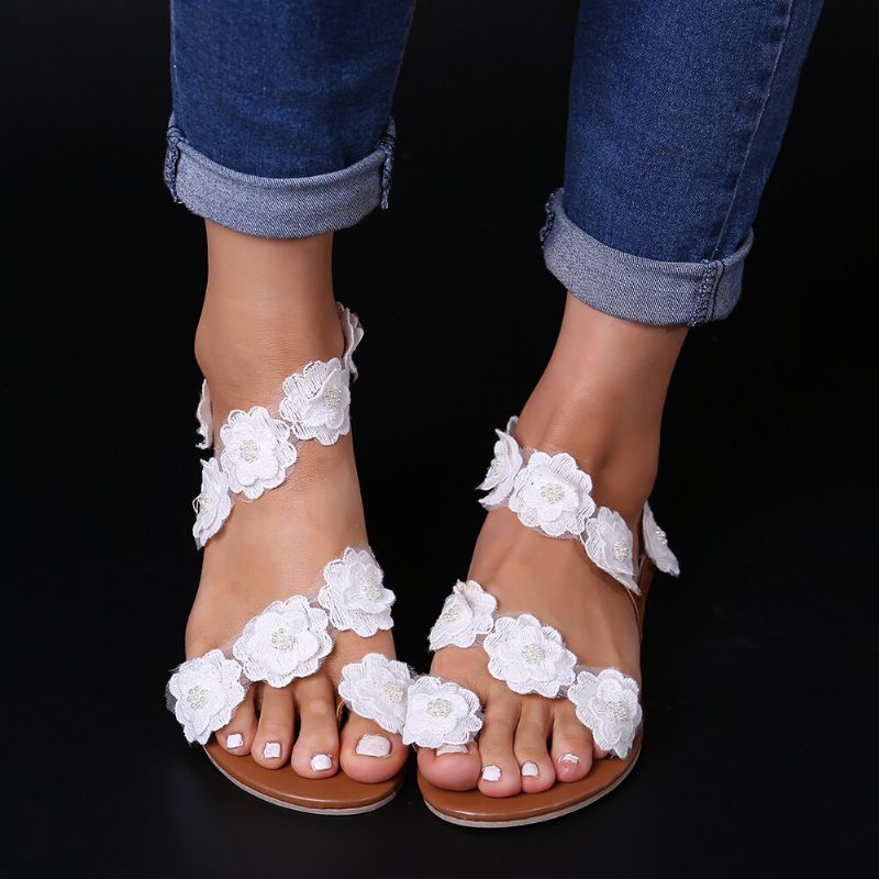 Sandalias De Playa De Verano Con Decoración De Flores De Talla Grande Para Mujer