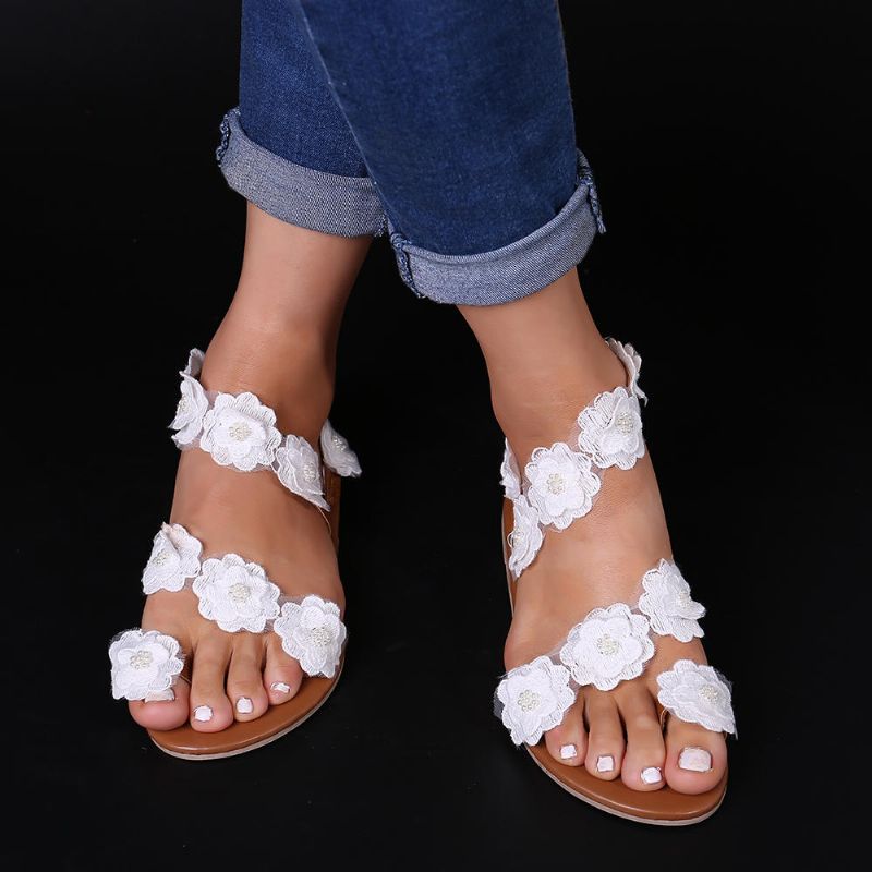 Sandalias De Playa De Verano Con Decoración De Flores De Talla Grande Para Mujer