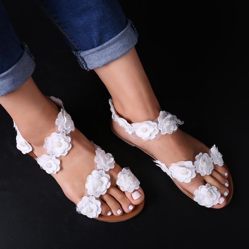 Sandalias De Playa De Verano Con Decoración De Flores De Talla Grande Para Mujer