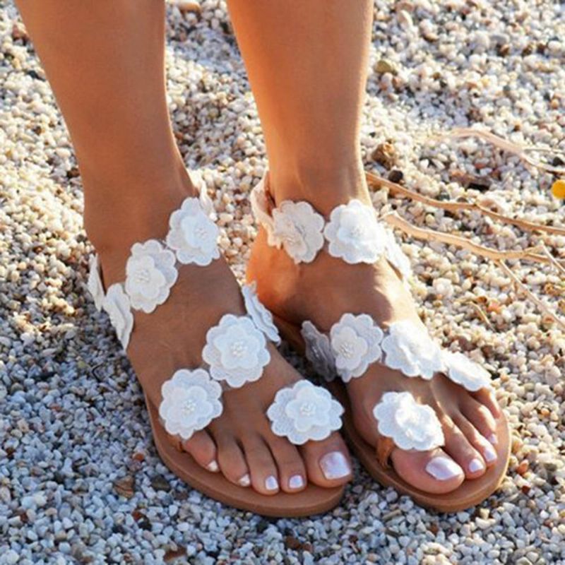 Sandalias De Playa De Verano Con Decoración De Flores De Talla Grande Para Mujer