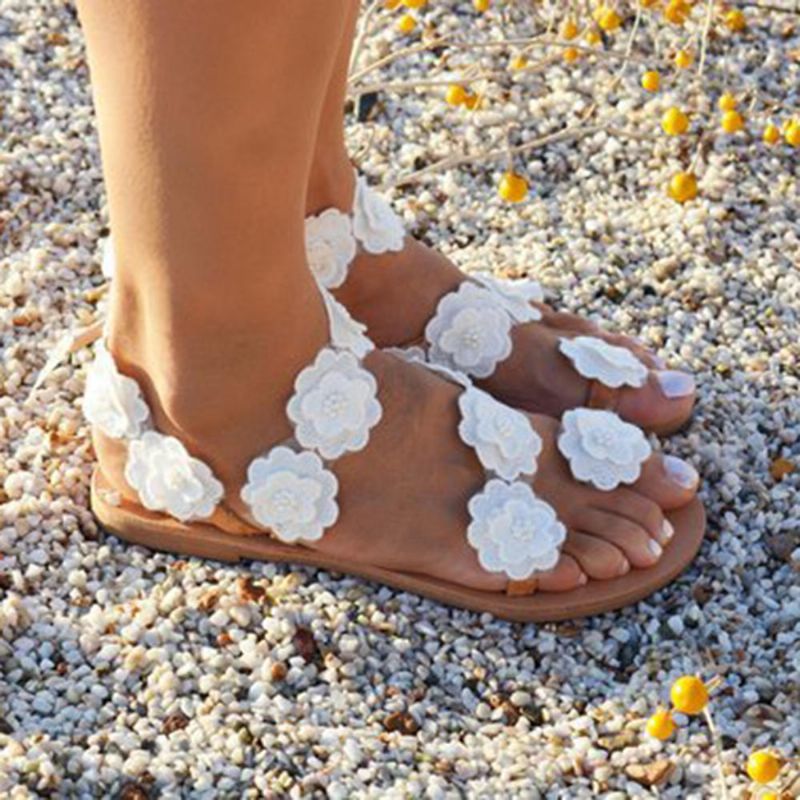 Sandalias De Playa De Verano Con Decoración De Flores De Talla Grande Para Mujer