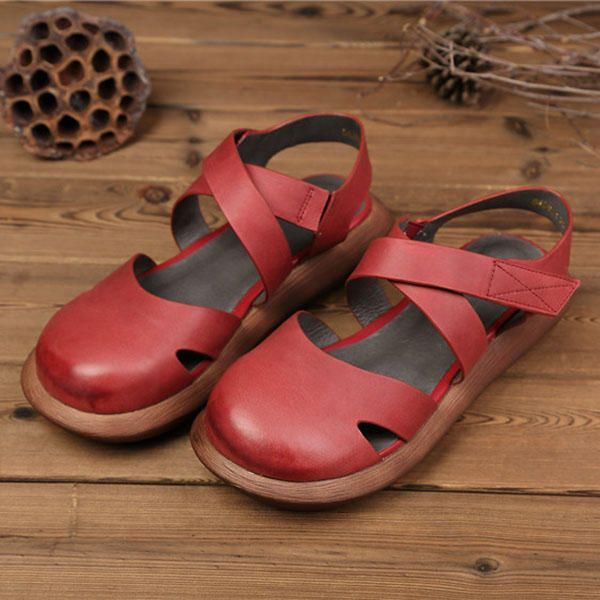 Sandalias Retro De Cuero Hechas A Mano De Color Puro Ahuecadas Para Mujeres