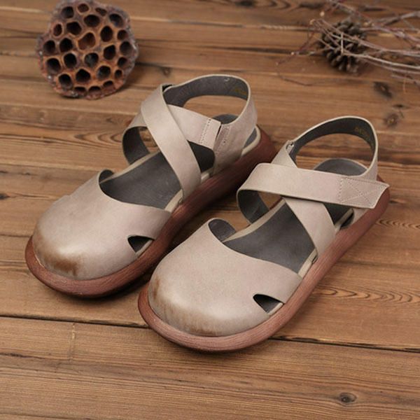 Sandalias Retro De Cuero Hechas A Mano De Color Puro Ahuecadas Para Mujeres