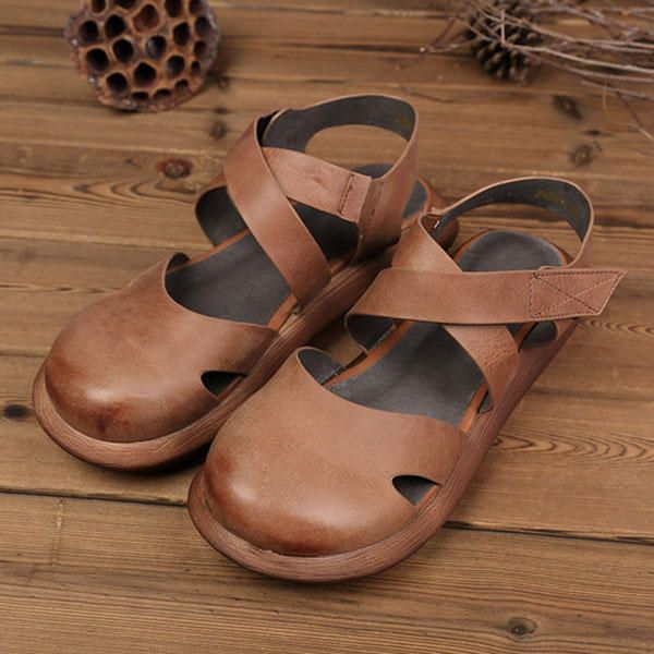 Sandalias Retro De Cuero Hechas A Mano De Color Puro Ahuecadas Para Mujeres