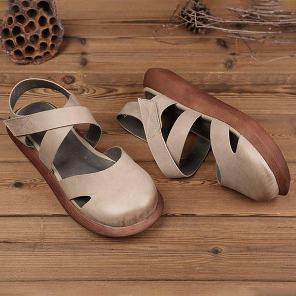 Sandalias Retro De Cuero Hechas A Mano De Color Puro Ahuecadas Para Mujeres